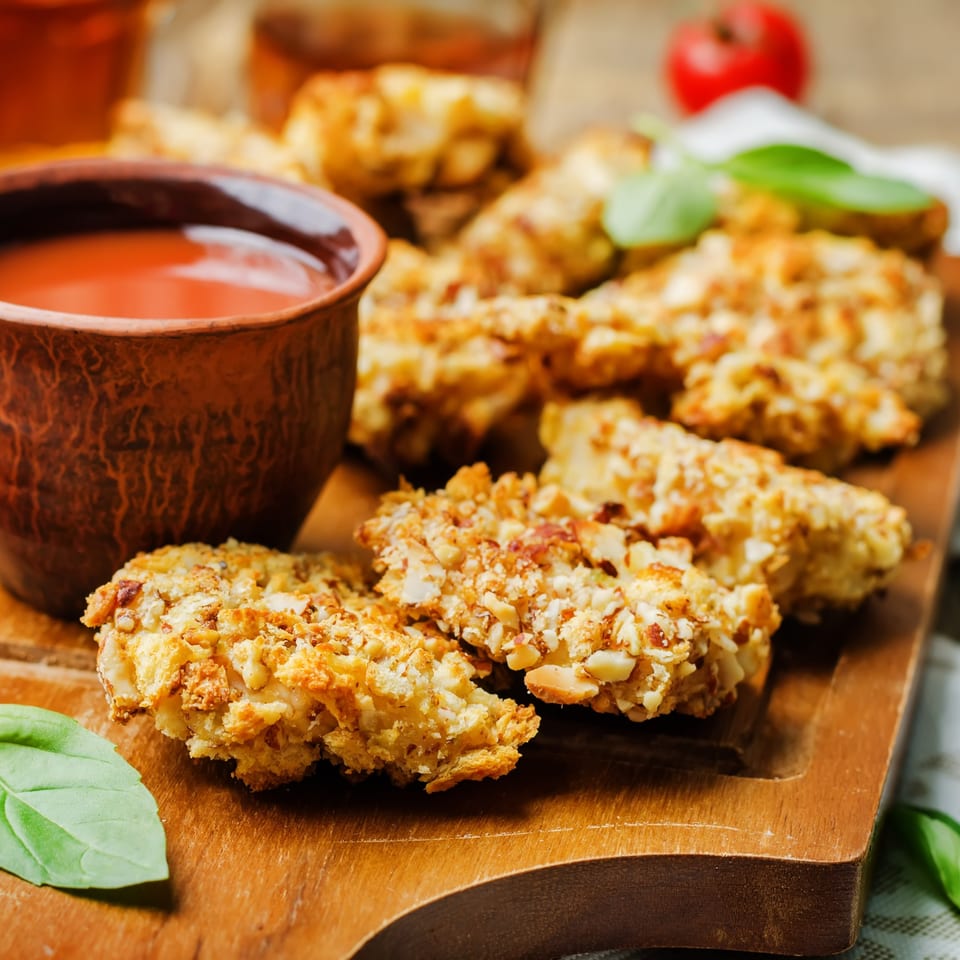 Crispy CFC Fried Chicken tenders with a side of dipping sauce and fresh basil on a wooden board.