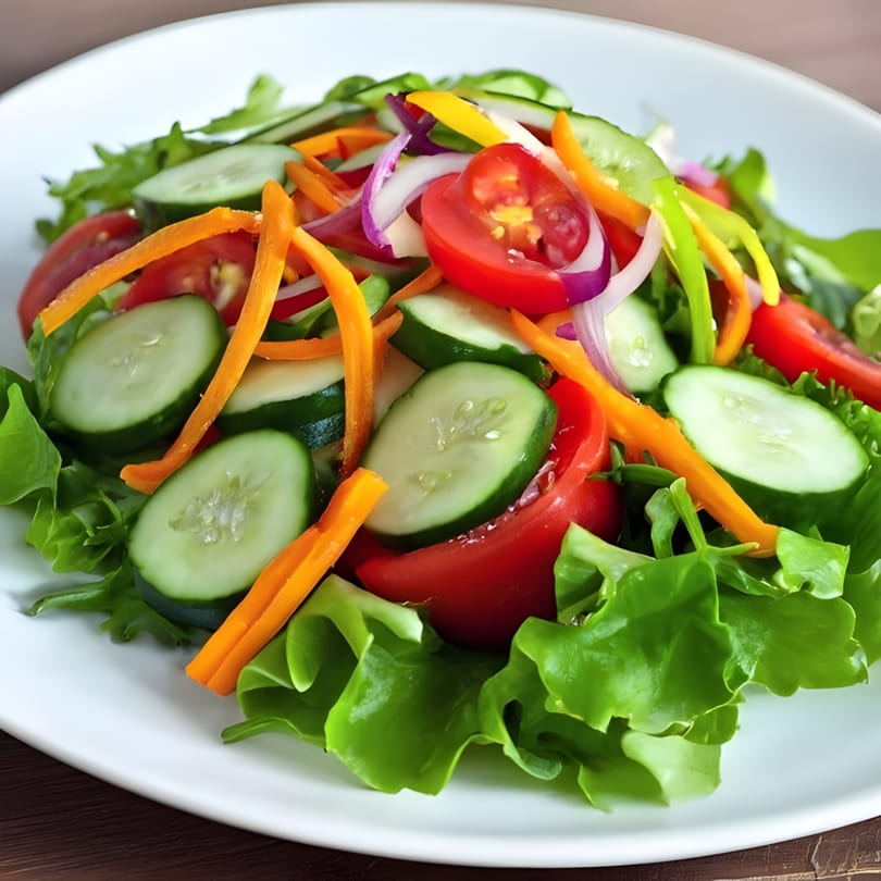 Fresh garden salad with lettuce, sliced cucumbers, tomatoes, carrots, and red onions on a white plate.