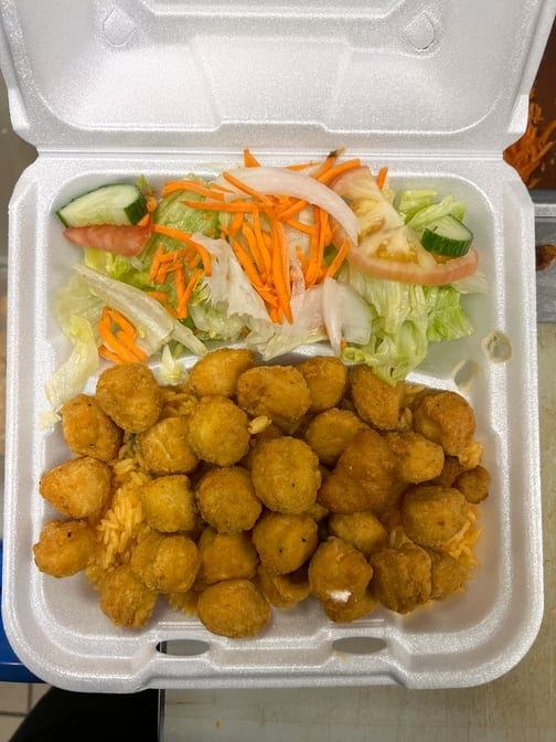 Popcorn Chicken Rice & Salad Combo.