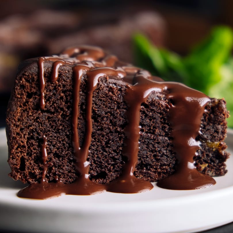 A rich slice of chocolate cake with chocolate sauce drizzled over it, on a white plate.