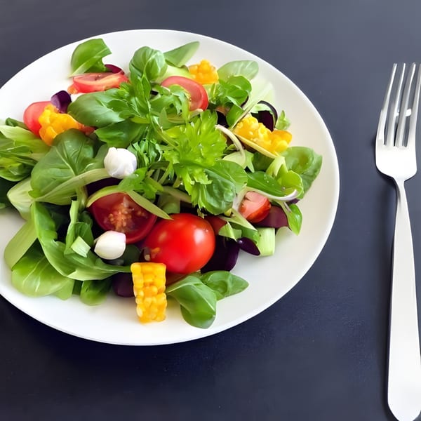 Fresh side salad with mixed greens, tomatoes, corn, and mozzarella on a white plate with a fork.