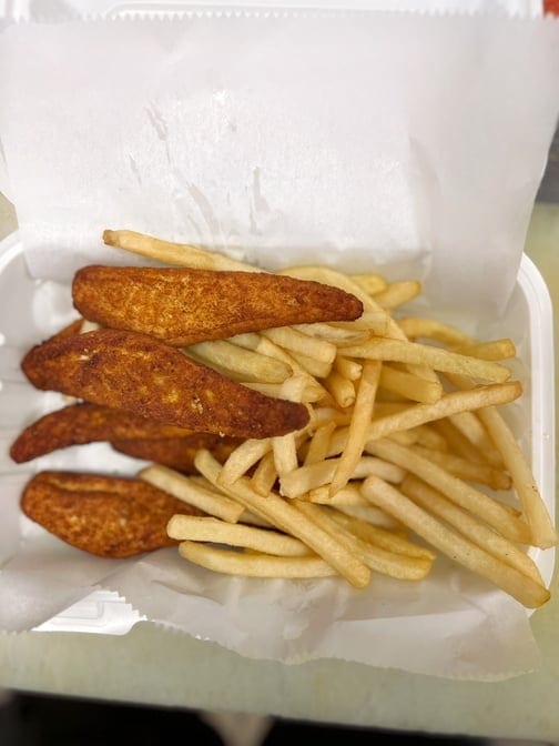 Boneless Hot Wings with French Fries & Soda.